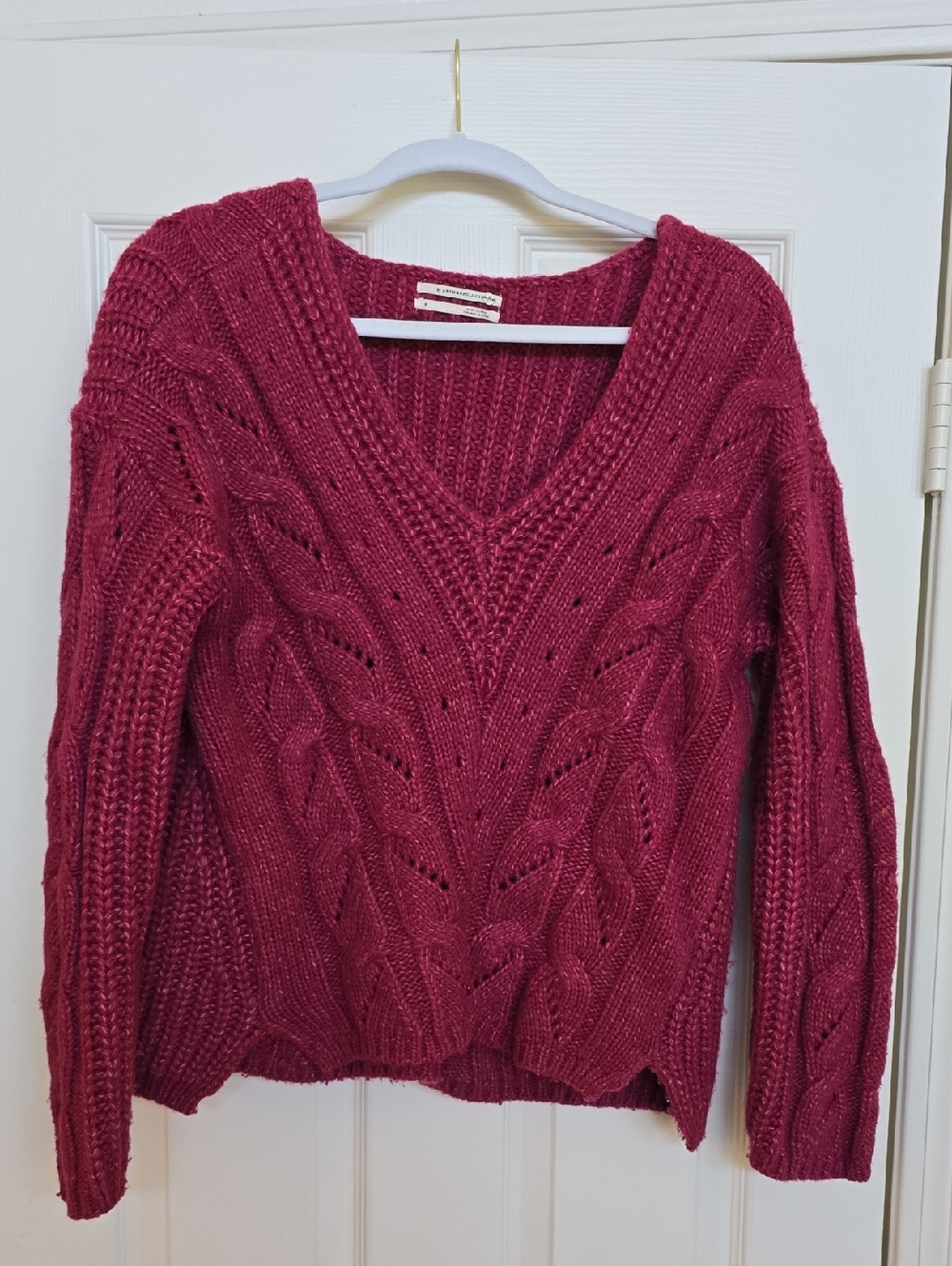 Anthropologie Cable Knit V-Neck Sweater - Berry